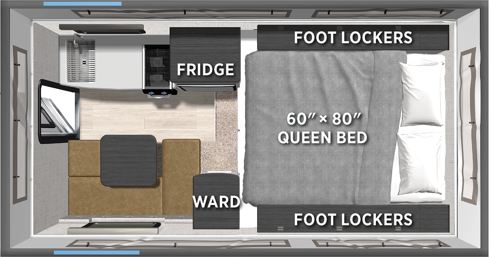 The Backpack Truck Camper SS-550 floorplan features include: 